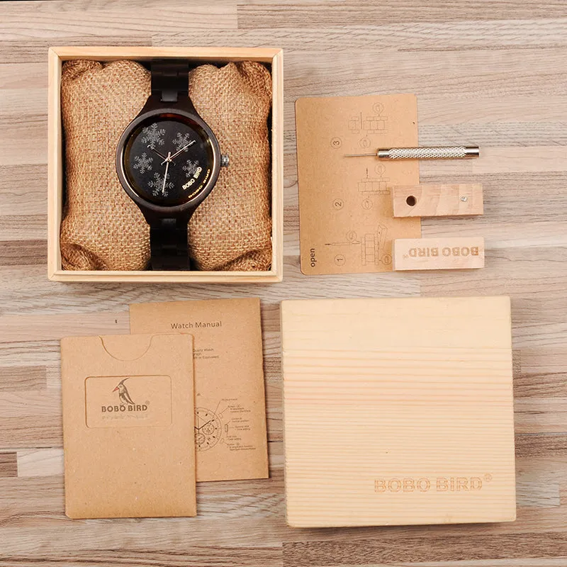 Simple Women's Snowflake Design Wooden Watches in Wooden Gift Box