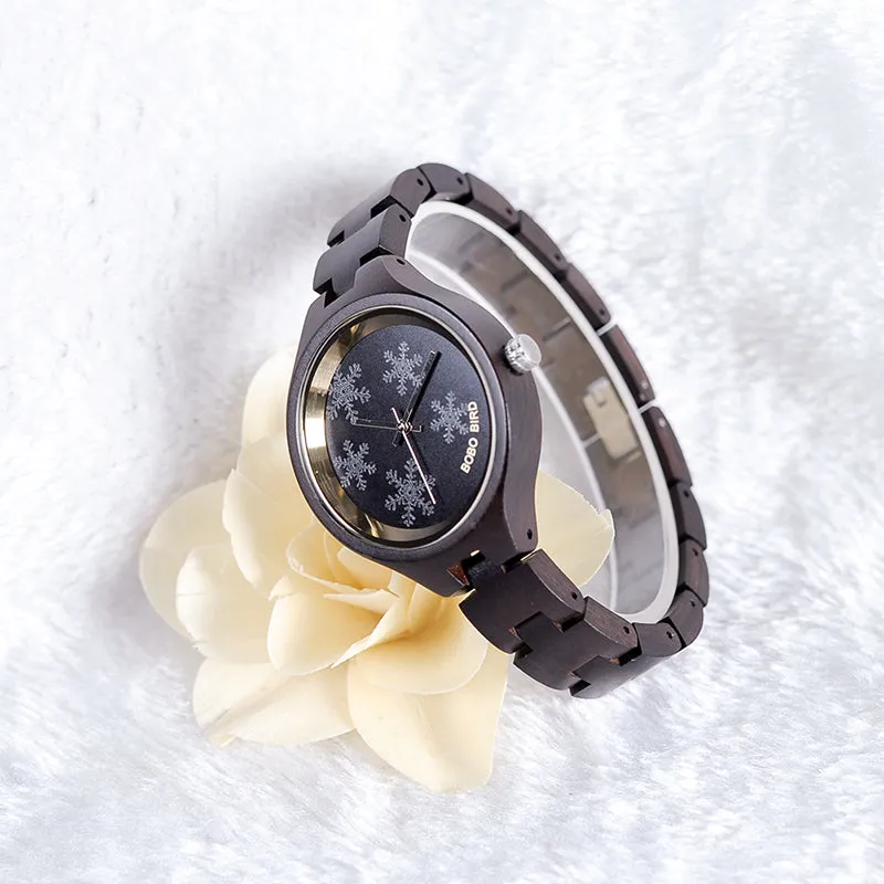 Simple Women's Snowflake Design Wooden Watches in Wooden Gift Box