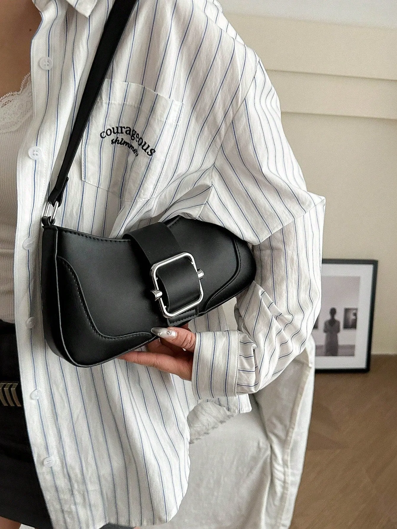 Solid Color Retro Armpit Shoulder Bag - Black
