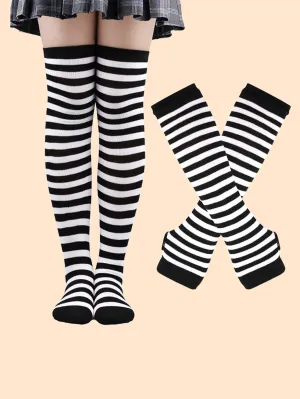 Striped Long Gloves & Over The Knee Socks - Black and White- FD ⚡