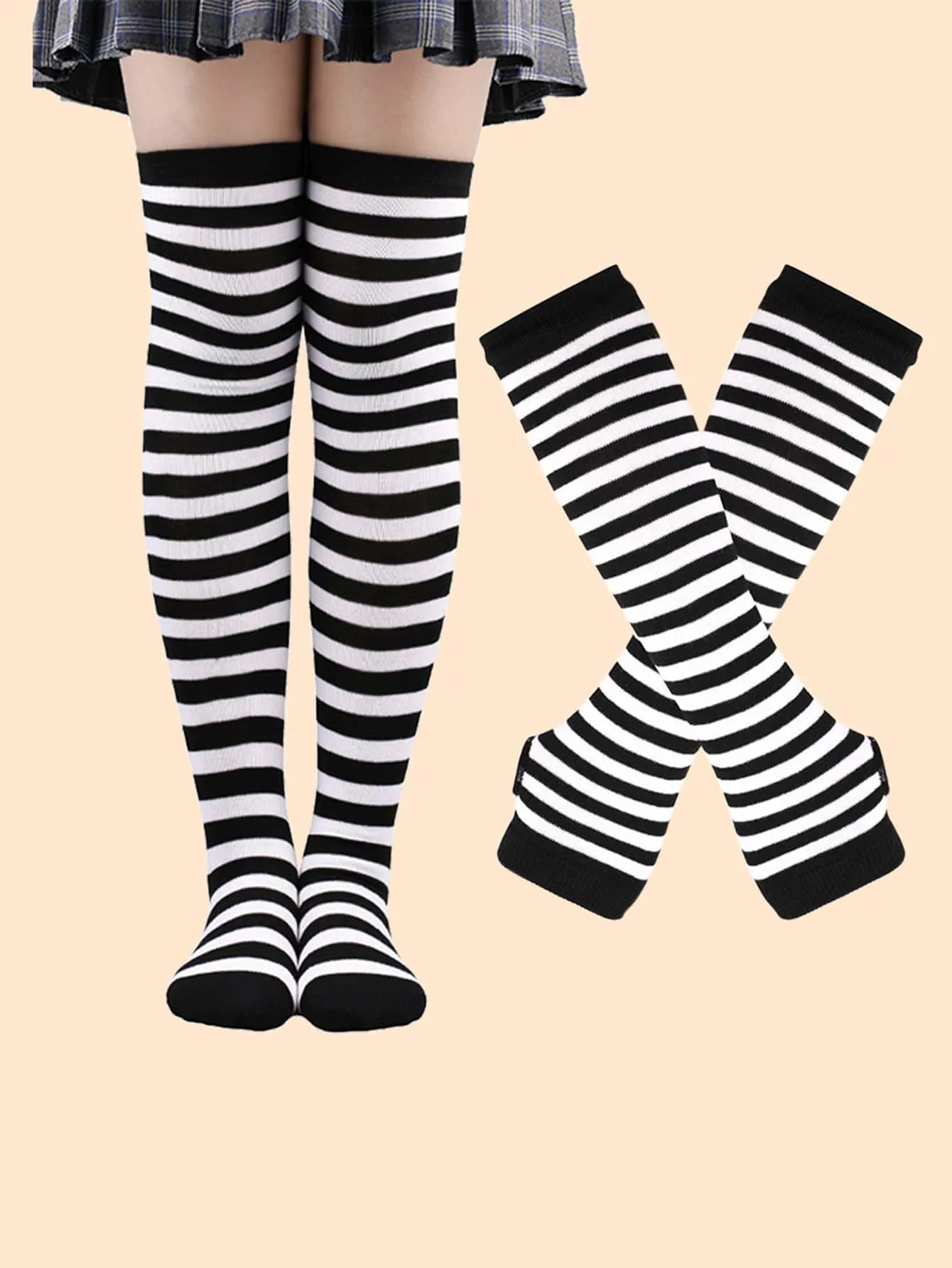 Striped Long Gloves & Over The Knee Socks - Black and White- FD ⚡