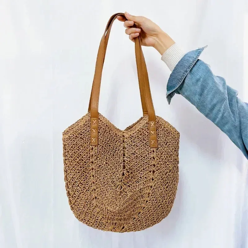 Summer Straw Bags for Women Straw Shoulder Bags Rattan Woven Top Handle Bag Hollow Raffia Crochet Beach Bag Casual Handbags 2023