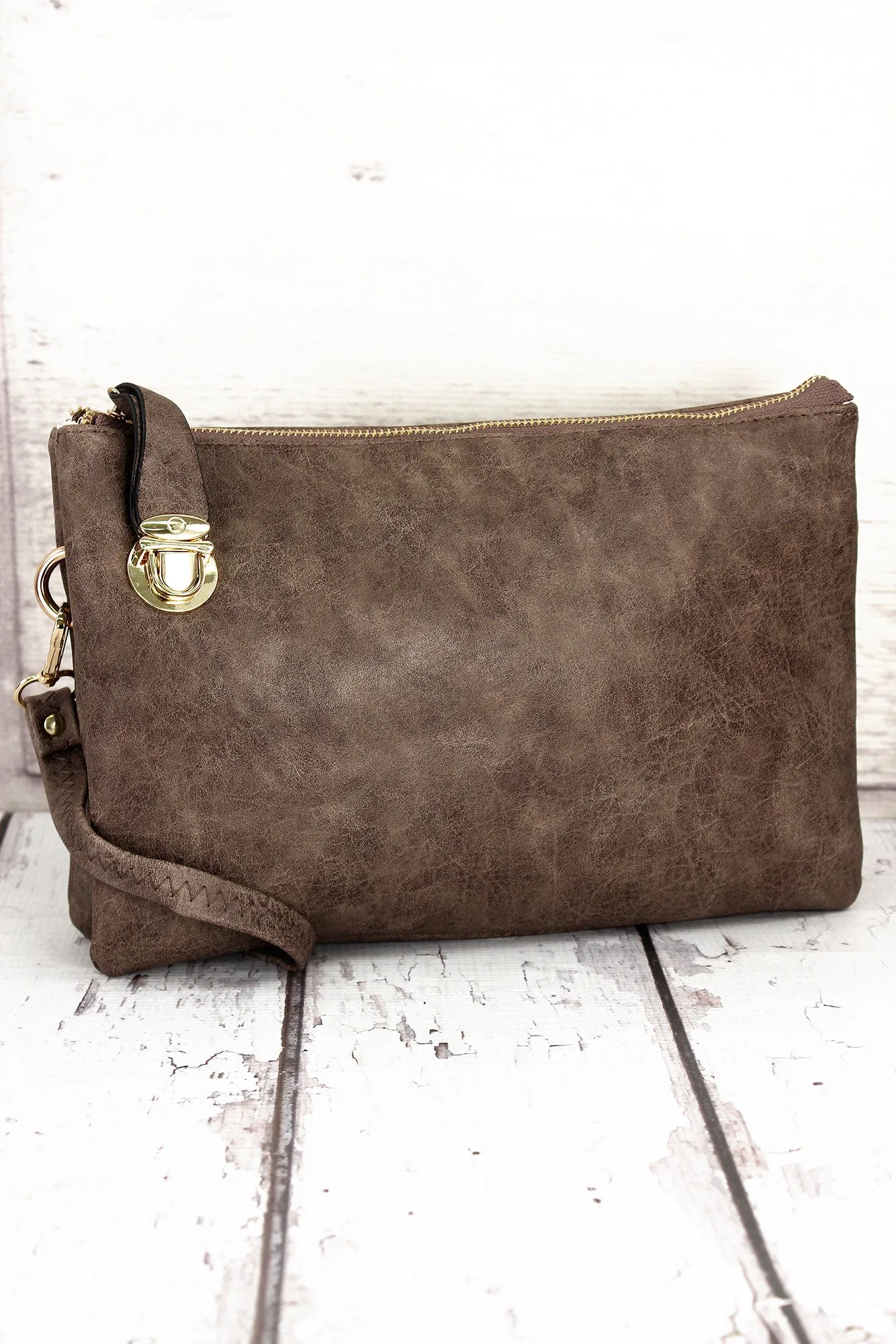 Taupe Brown Faux Leather Buckle Lock Crossbody Clutch