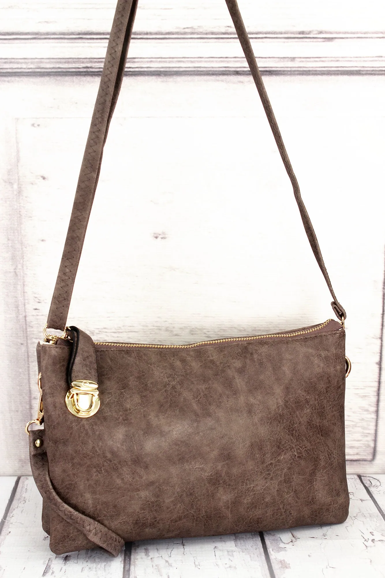 Taupe Brown Faux Leather Buckle Lock Crossbody Clutch