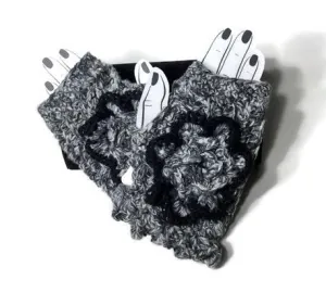 THE GRAY AND BLACK CROCHET FINGERLESS GLOVES, women's size,   winter wear, Andrea designs handmade fingerless gloves