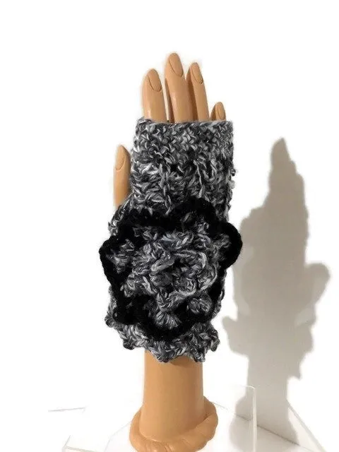 THE GRAY AND BLACK CROCHET FINGERLESS GLOVES, women's size,   winter wear, Andrea designs handmade fingerless gloves