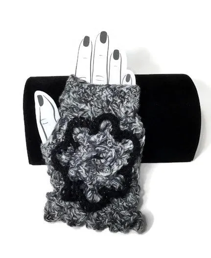 THE GRAY AND BLACK CROCHET FINGERLESS GLOVES, women's size,   winter wear, Andrea designs handmade fingerless gloves