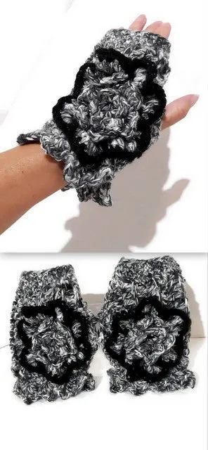 THE GRAY AND BLACK CROCHET FINGERLESS GLOVES, women's size,   winter wear, Andrea designs handmade fingerless gloves