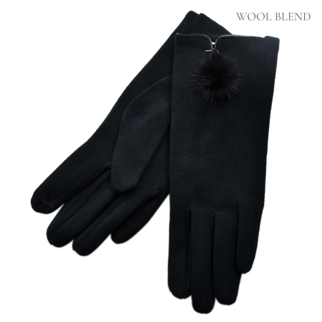 THSG1064: Black: Fur Pom Pom Gloves