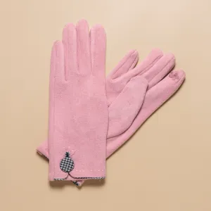 THSG1128: Pink: Houndstooth Button Border Gloves