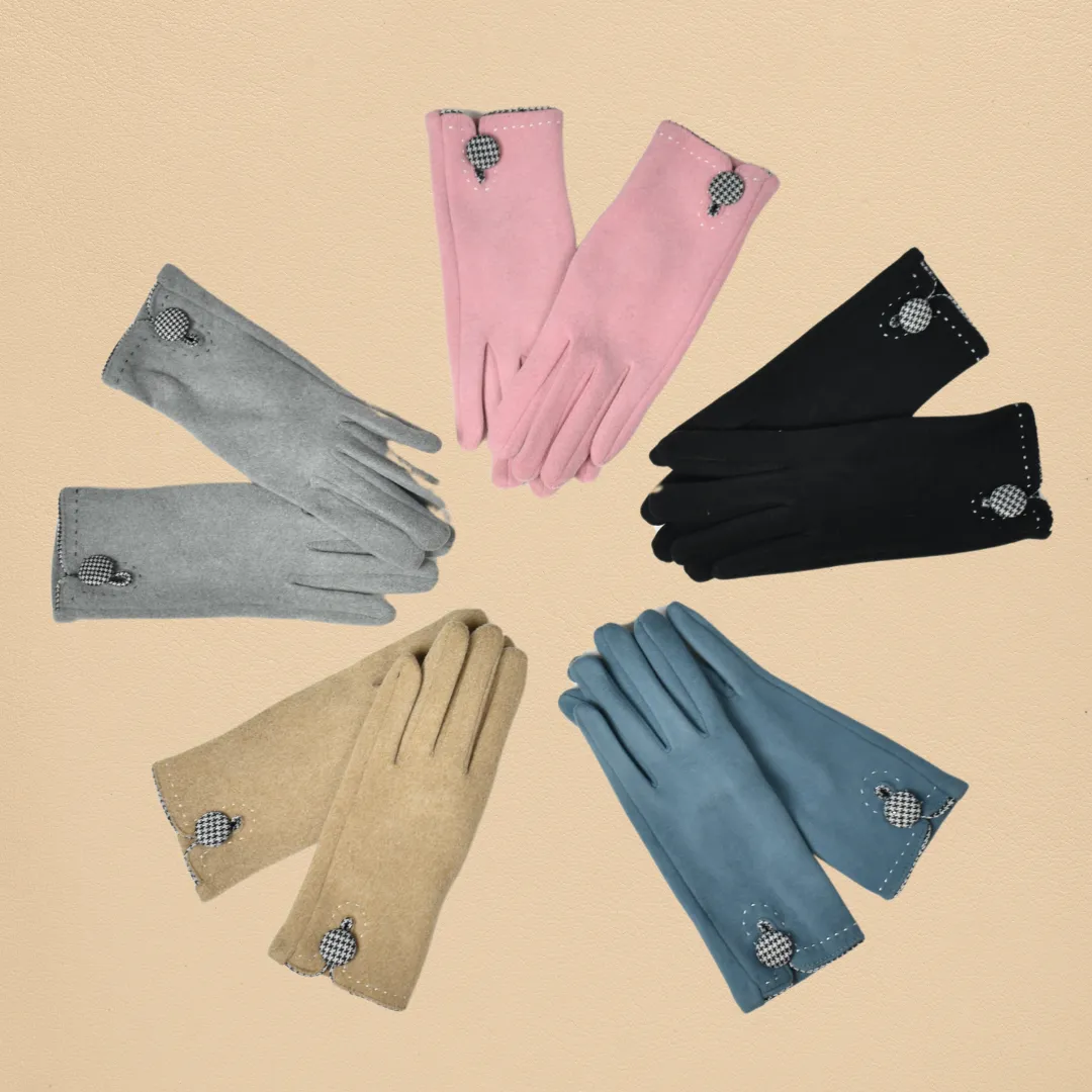 THSG1128: Pink: Houndstooth Button Border Gloves
