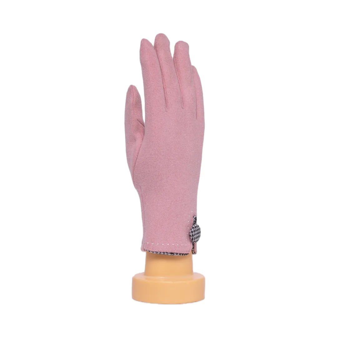 THSG1128: Pink: Houndstooth Button Border Gloves