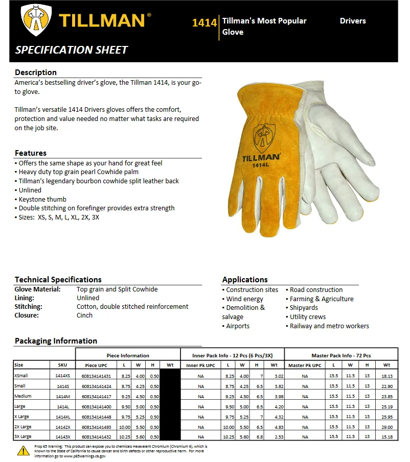 Tillman 1414 Top Grain/Split Cowhide Back Leather Drivers Glove