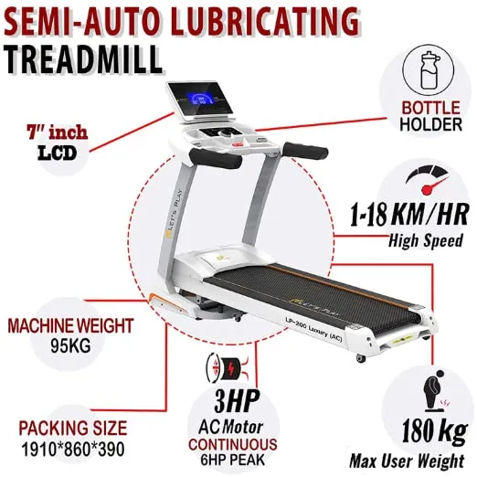 Toning® Automatic Treadmill 3.HP AC Motor (Peak 6 HP) LP-200AC Semi Commercial Treadmill with Extra Suspension Technology, Auto Inclination, 7" LCD Display (White)
