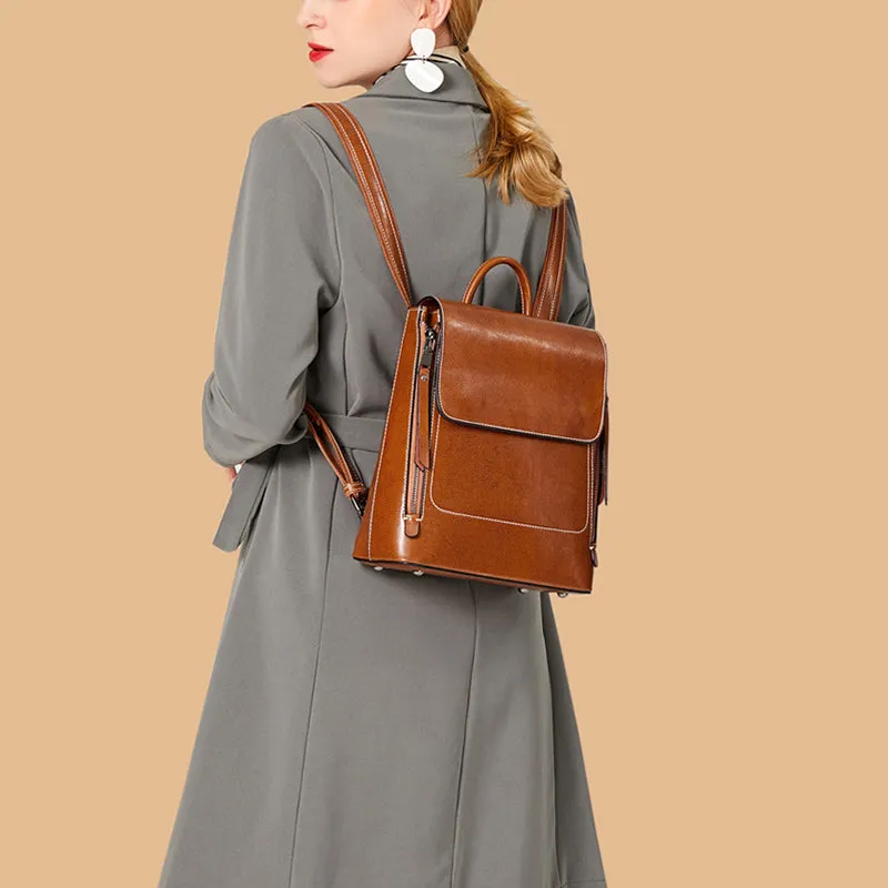 Top Grain Leather Women Backpack Retro Style Leather Rucksack Leather Shoulder Bag For Women