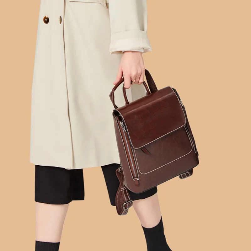 Top Grain Leather Women Backpack Retro Style Leather Rucksack Leather Shoulder Bag For Women
