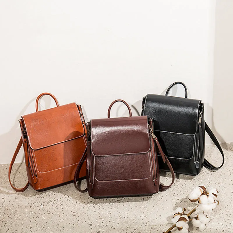 Top Grain Leather Women Backpack Retro Style Leather Rucksack Leather Shoulder Bag For Women