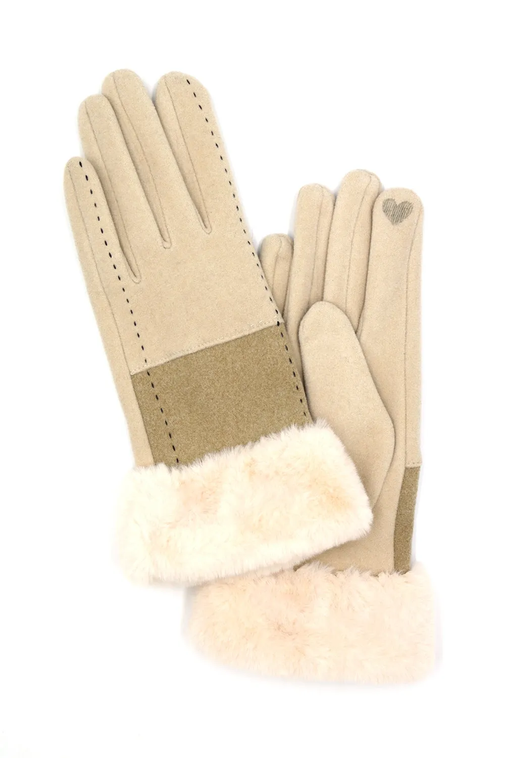 Two Tone and Stitch Lines Faux Fur Cuff Smart Touch Gloves Beige - Pack of 6