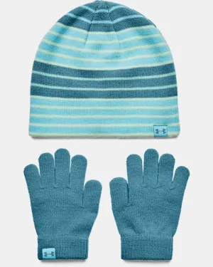 Under Armour Girls' UA Beanie Glove Combo - Sky Blue / Blue Flannel