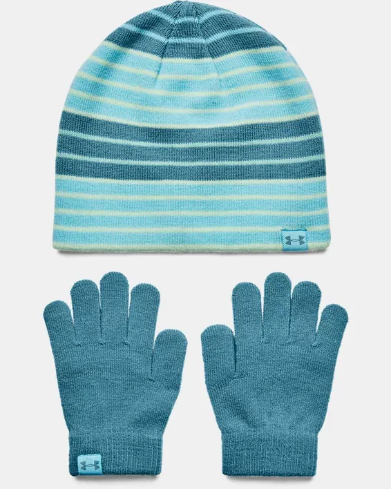 Under Armour Girls' UA Beanie Glove Combo - Sky Blue / Blue Flannel