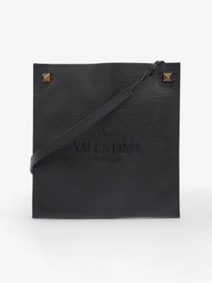 Valentino Logo Embossed Messenger Black Calfskin Leather