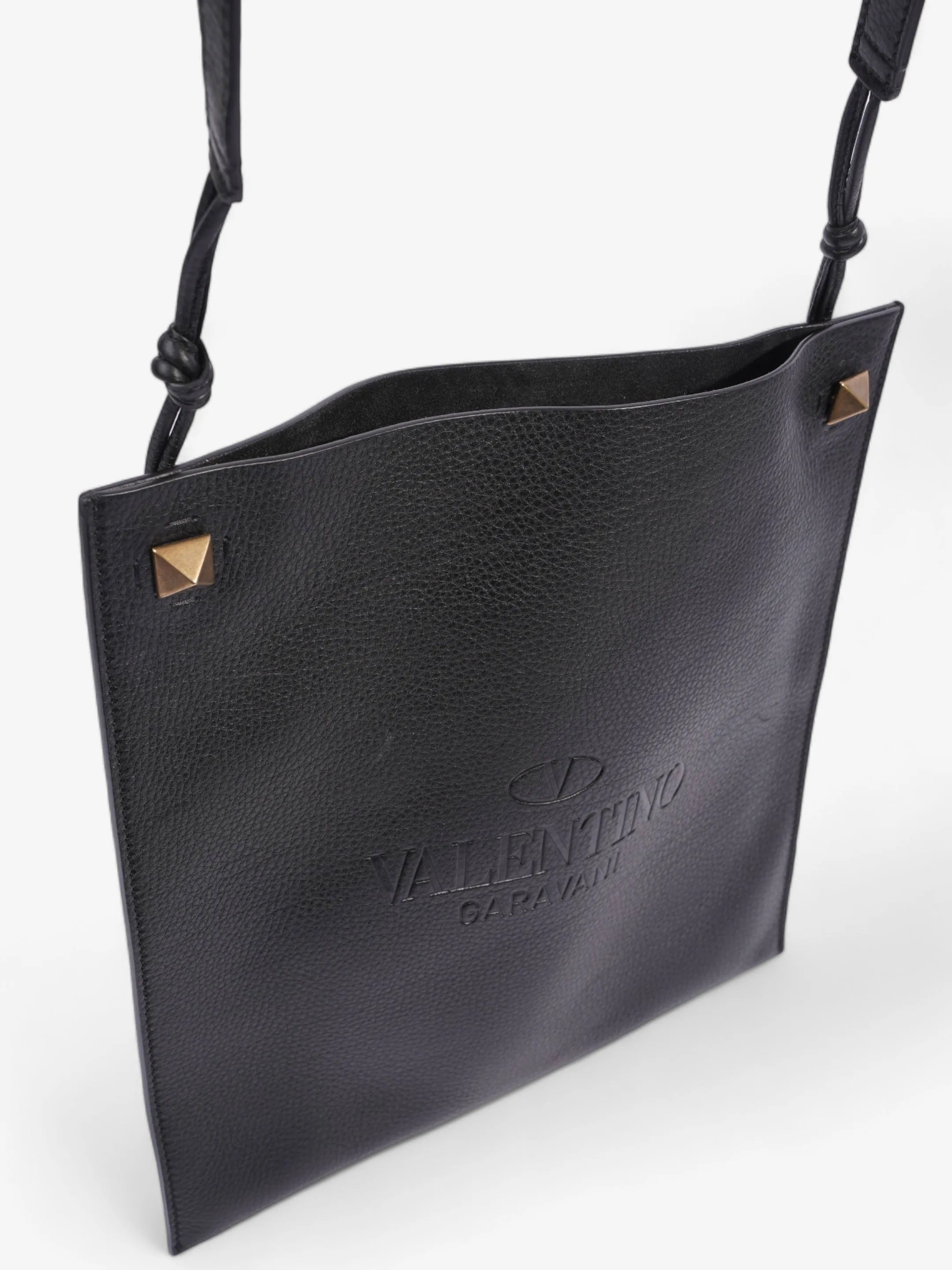 Valentino Logo Embossed Messenger Black Calfskin Leather