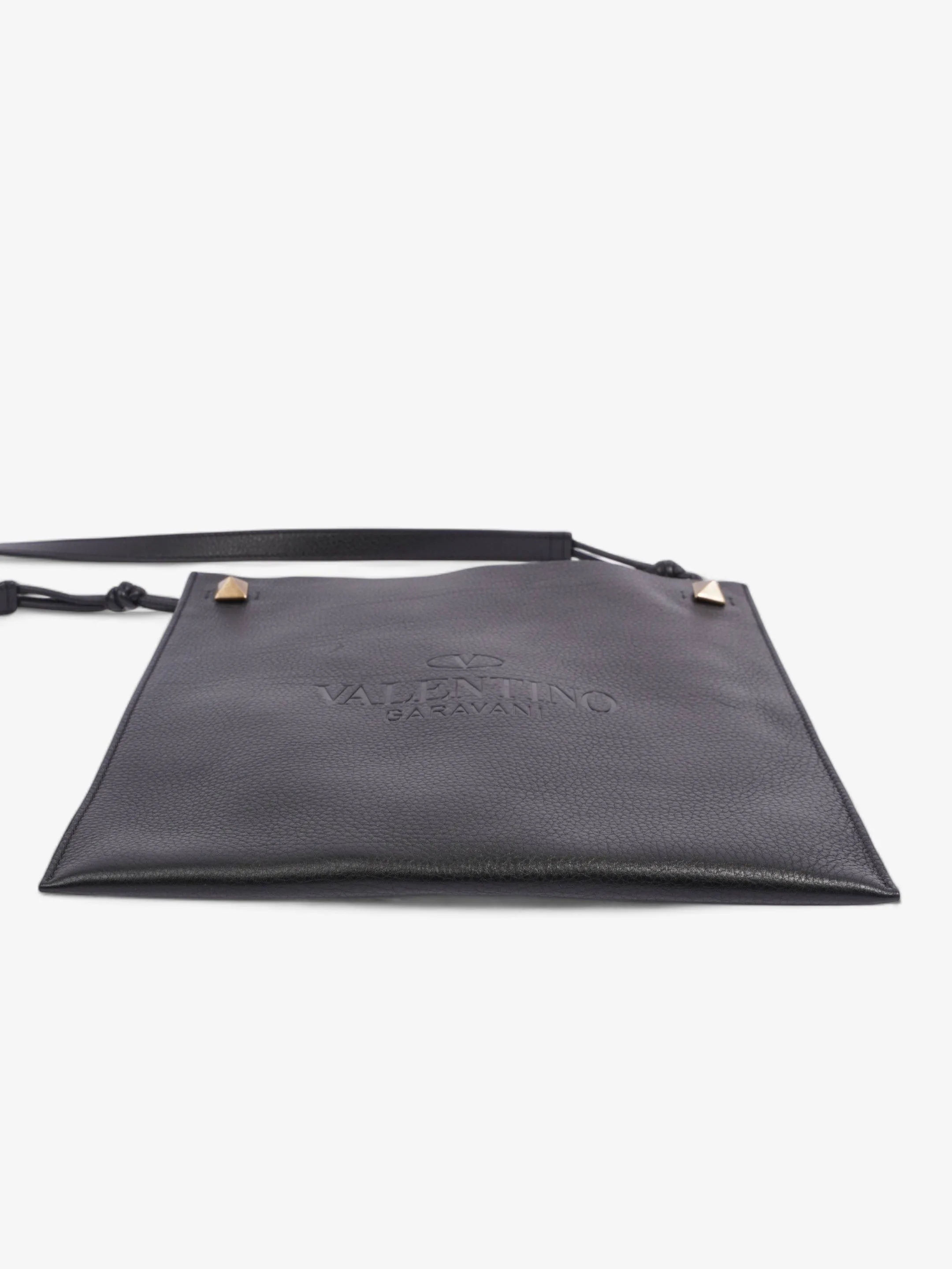 Valentino Logo Embossed Messenger Black Calfskin Leather