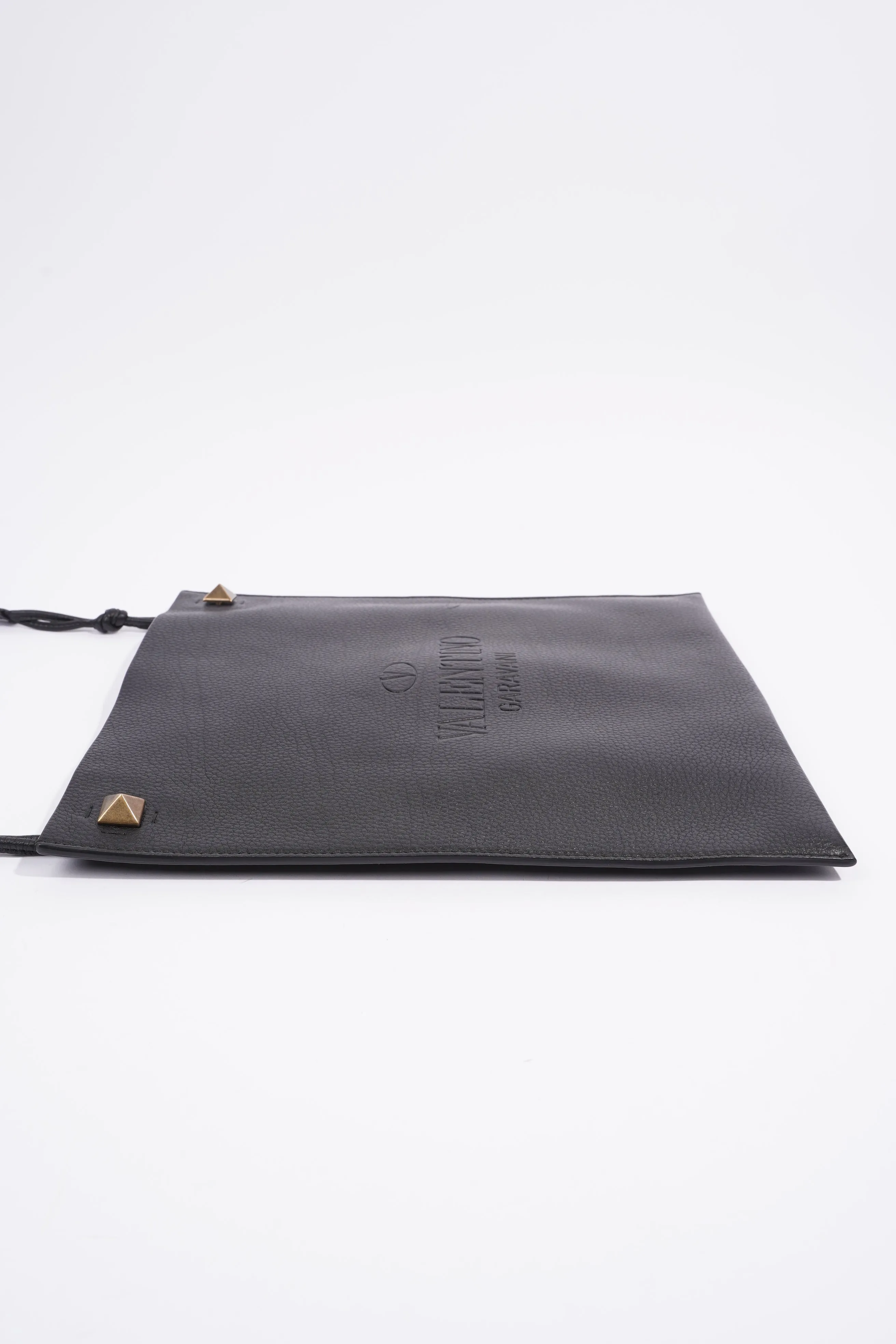 Valentino Logo Embossed Messenger Black Calfskin Leather