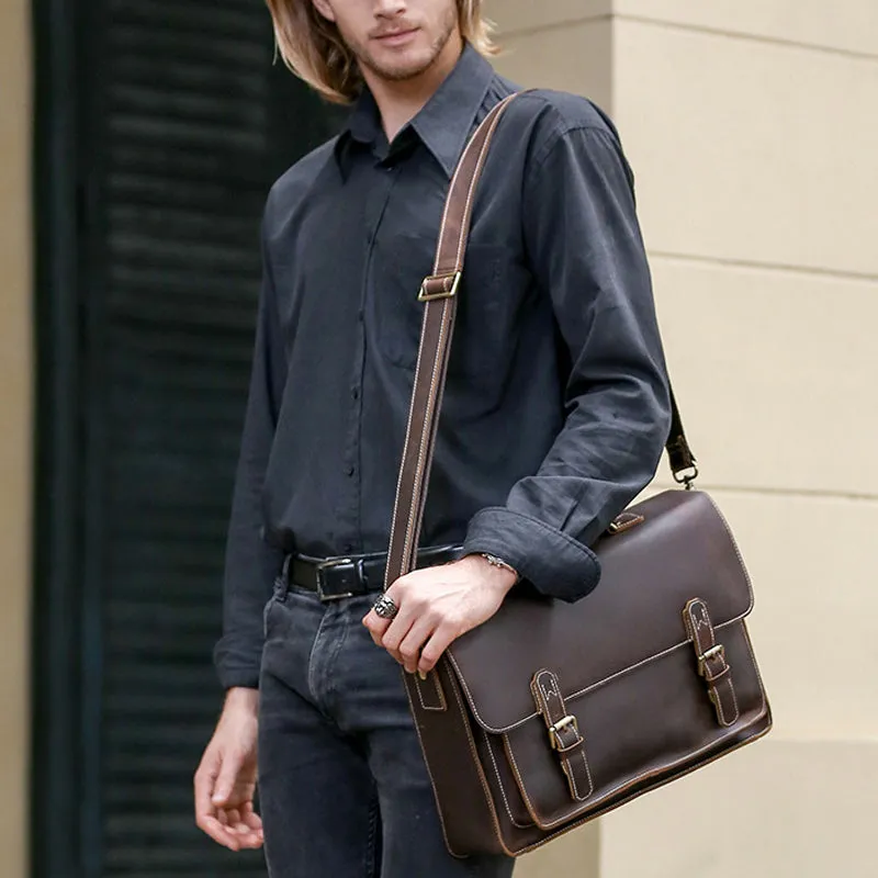 Vintage Dark Espresso Leather Briefcase for Men, Leather Messenger Bags