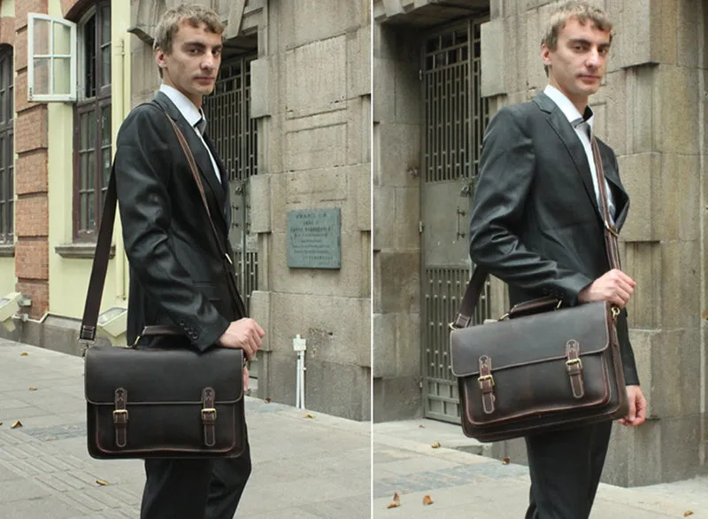Vintage Dark Espresso Leather Briefcase for Men, Leather Messenger Bags