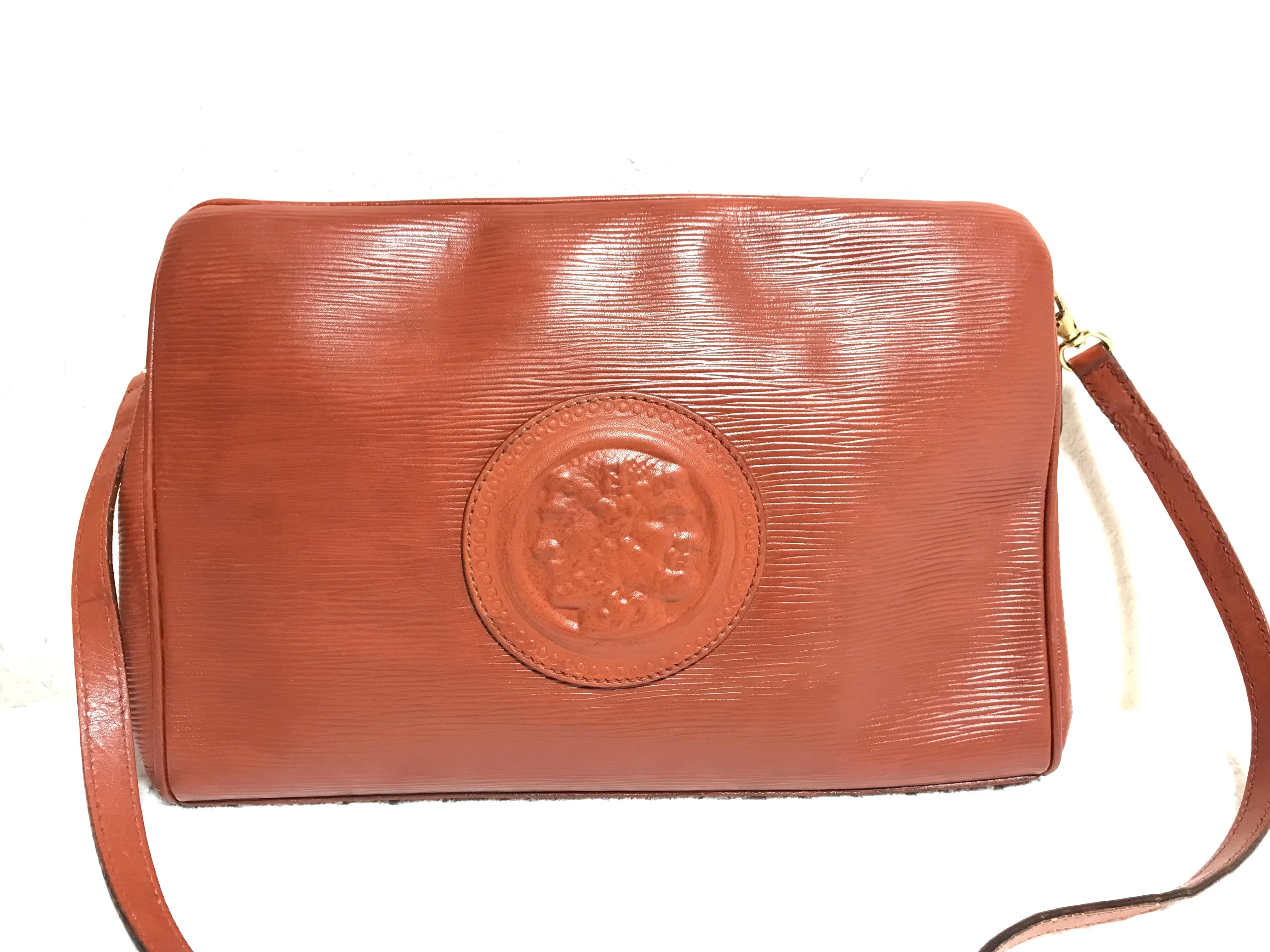 Vintage Fendi brown epi leather messenger bag, shoulder purse with iconic Janus medallion embossed motif at front. Unisex. Rare bag.