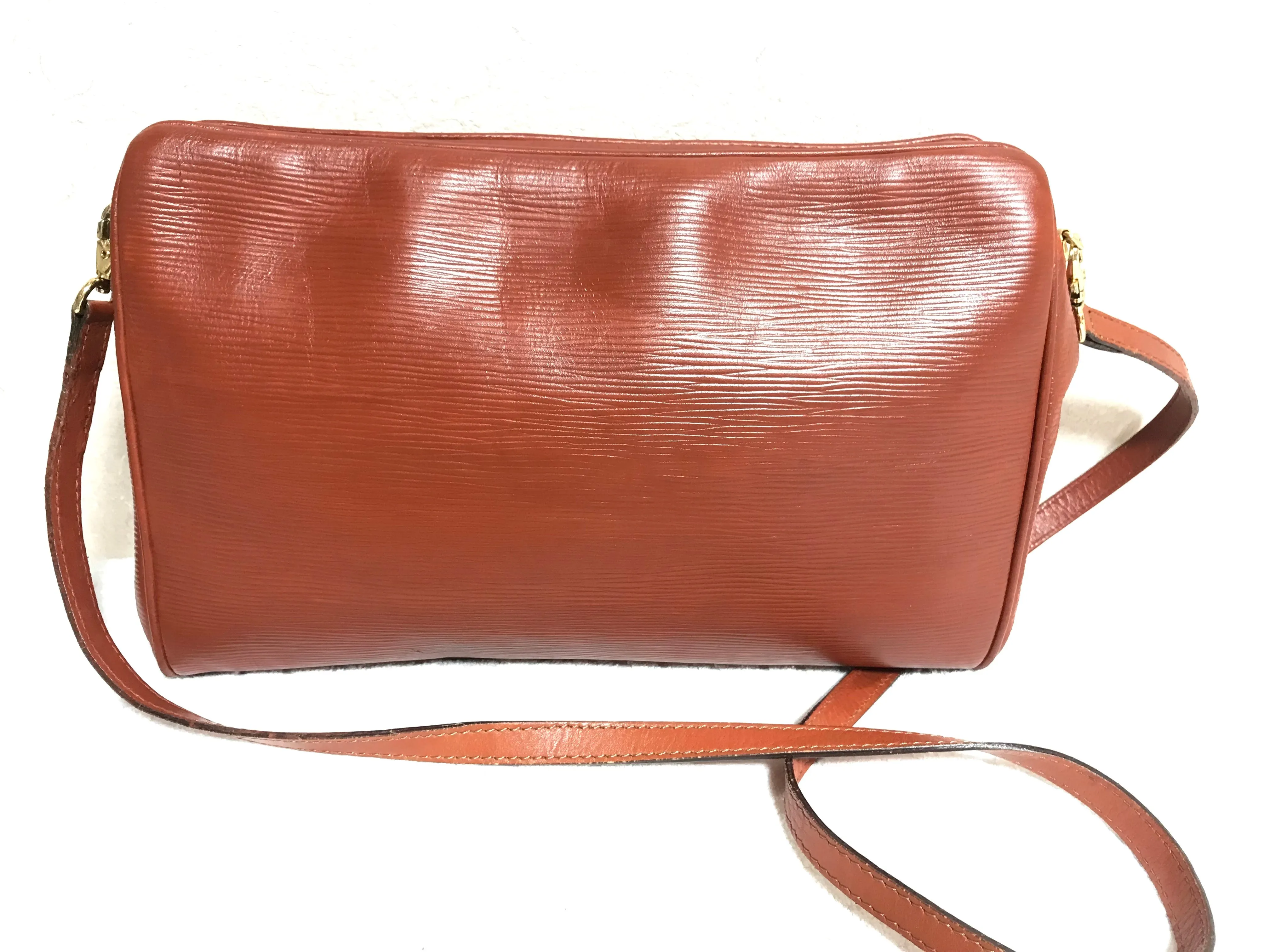 Vintage Fendi brown epi leather messenger bag, shoulder purse with iconic Janus medallion embossed motif at front. Unisex. Rare bag.