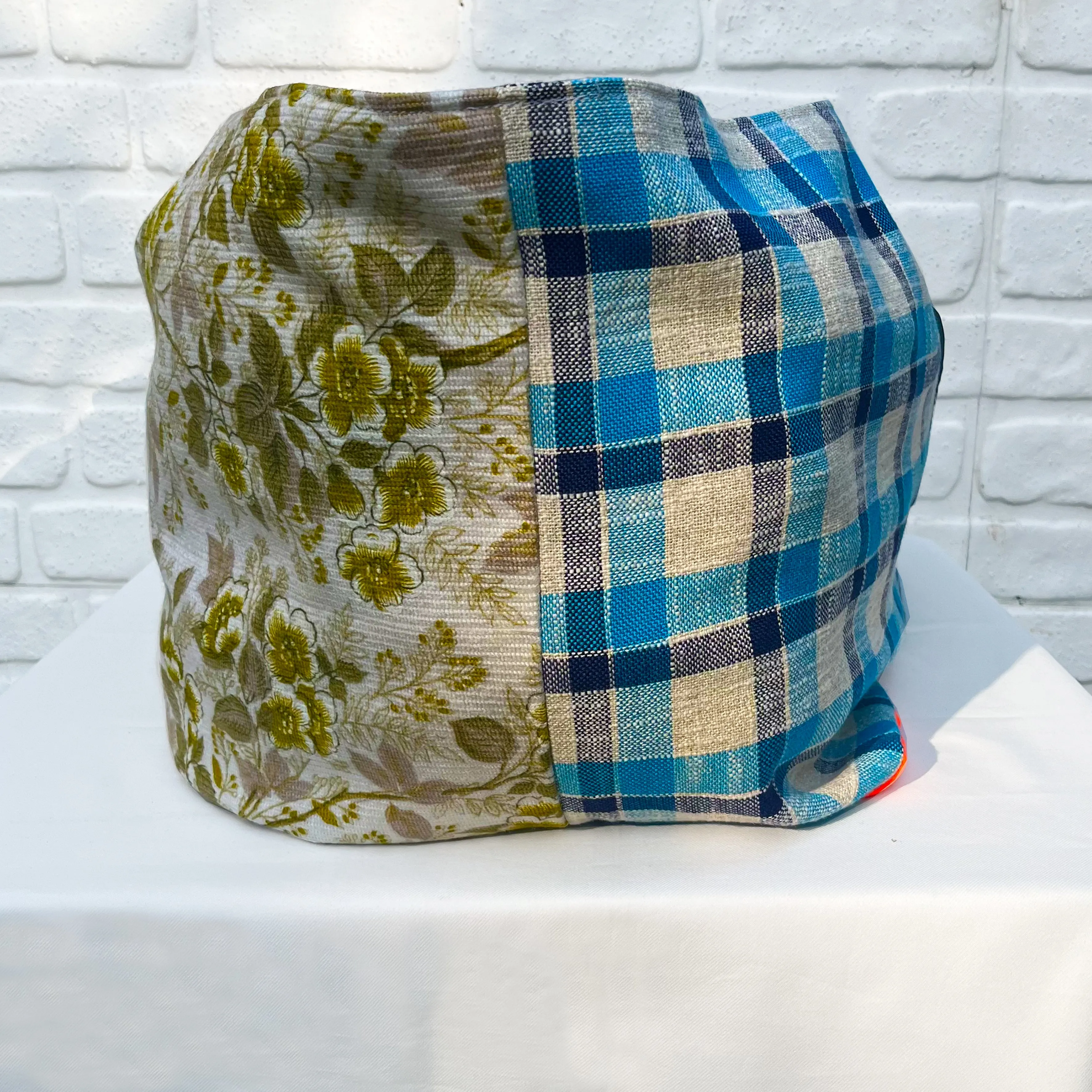 Vintage IKEA Bag -green flowers and blue check with black patterned lining