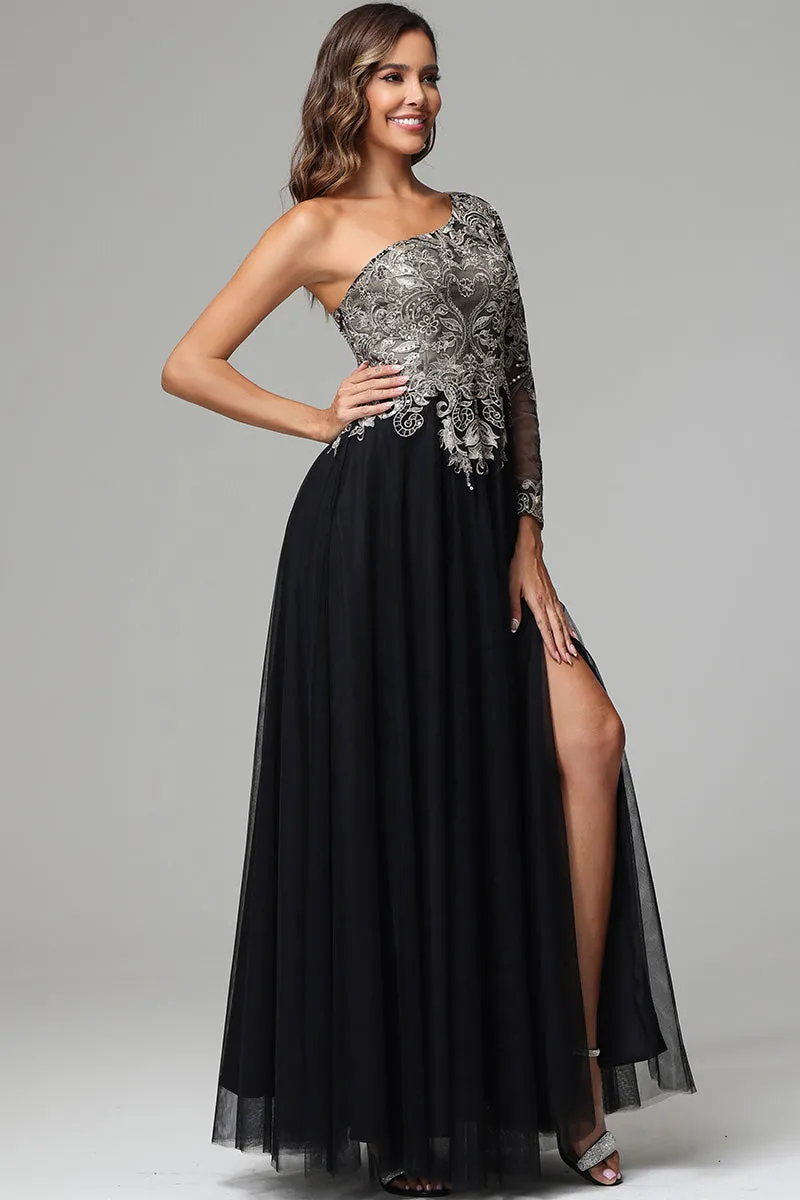 Vintage One Shoulder Appliqued Long Sleeve Mother of the Bride Dresses