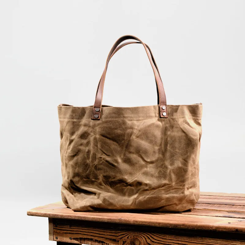 Waterproof Waxed Canvas Handbag Full Grain Leather With Canvas Tote Bag Vintage Style Big Shoulder Bag
