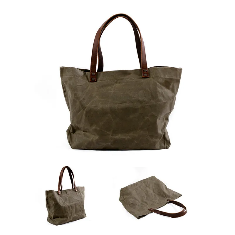 Waterproof Waxed Canvas Handbag Full Grain Leather With Canvas Tote Bag Vintage Style Big Shoulder Bag