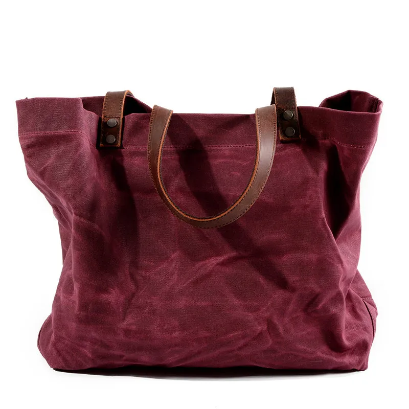 Waterproof Waxed Canvas Handbag Full Grain Leather With Canvas Tote Bag Vintage Style Big Shoulder Bag