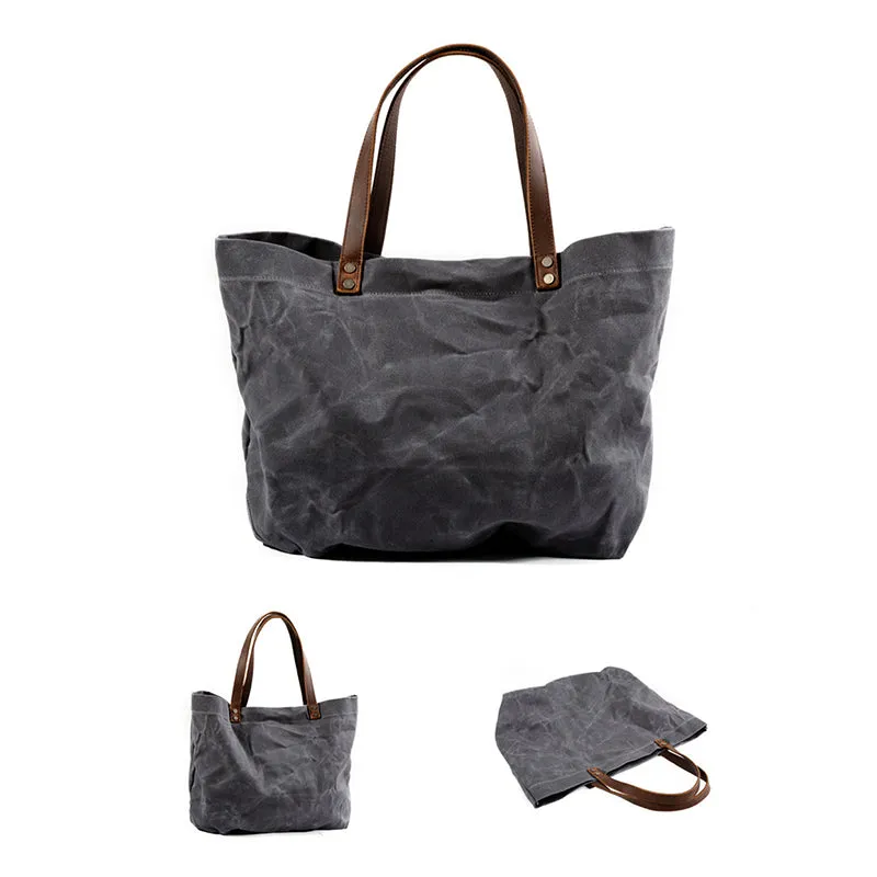 Waterproof Waxed Canvas Handbag Full Grain Leather With Canvas Tote Bag Vintage Style Big Shoulder Bag