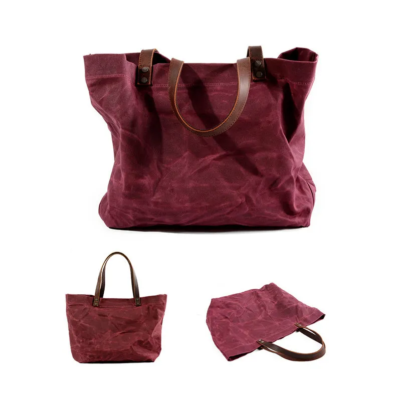 Waterproof Waxed Canvas Handbag Full Grain Leather With Canvas Tote Bag Vintage Style Big Shoulder Bag