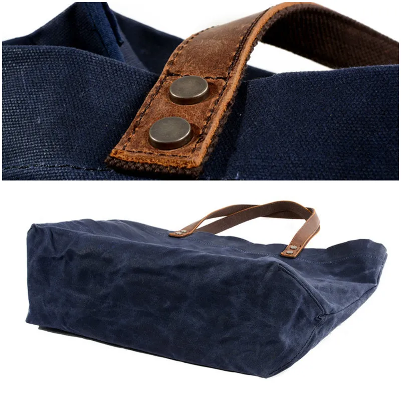 Waterproof Waxed Canvas Handbag Full Grain Leather With Canvas Tote Bag Vintage Style Big Shoulder Bag