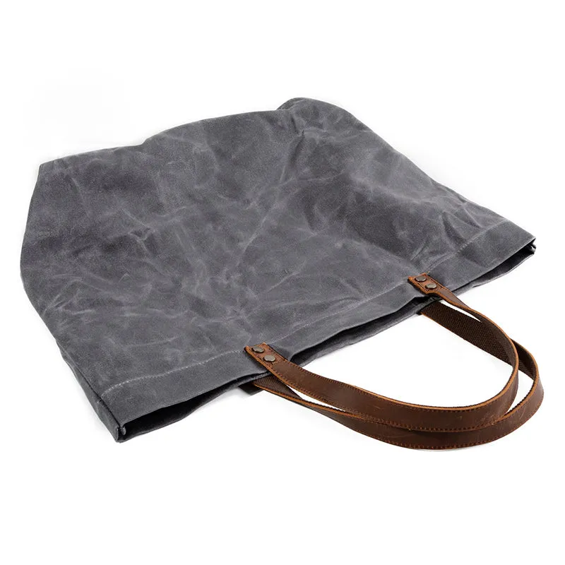 Waterproof Waxed Canvas Handbag Full Grain Leather With Canvas Tote Bag Vintage Style Big Shoulder Bag