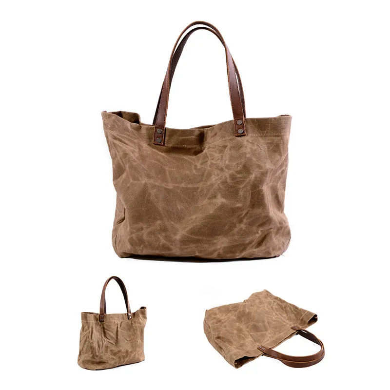 Waterproof Waxed Canvas Handbag Full Grain Leather With Canvas Tote Bag Vintage Style Big Shoulder Bag