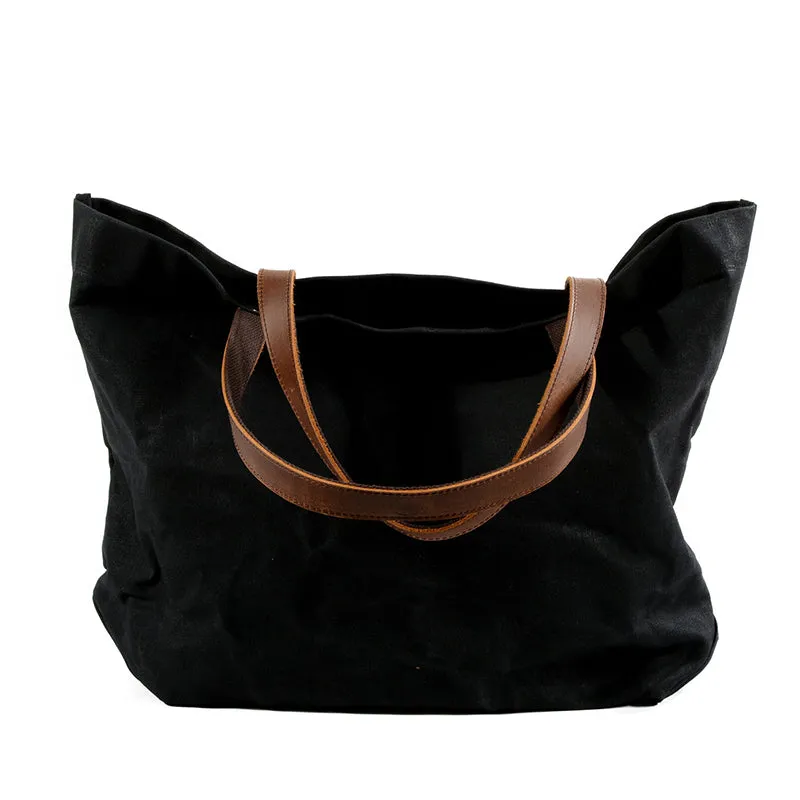 Waterproof Waxed Canvas Handbag Full Grain Leather With Canvas Tote Bag Vintage Style Big Shoulder Bag