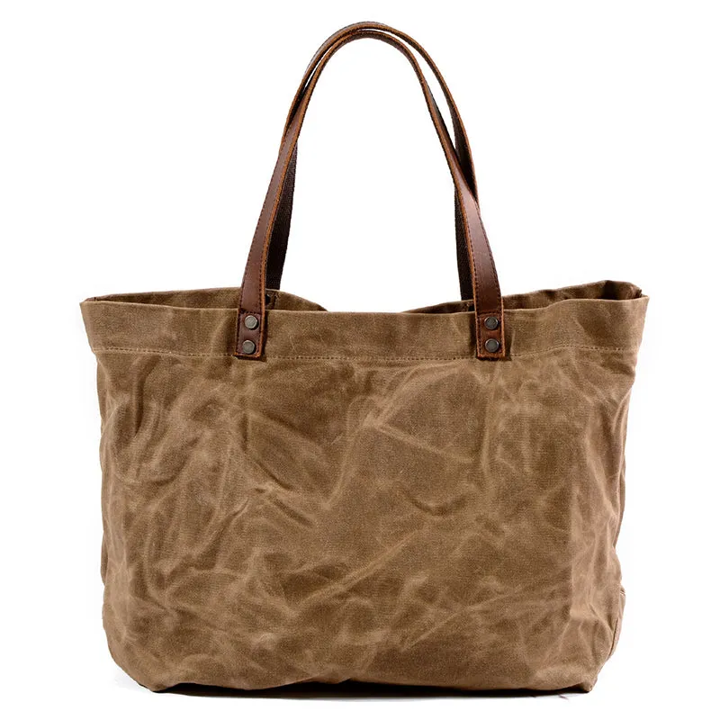 Waterproof Waxed Canvas Handbag Full Grain Leather With Canvas Tote Bag Vintage Style Big Shoulder Bag