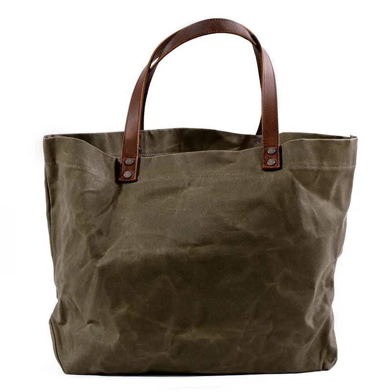 Waterproof Waxed Canvas Handbag Full Grain Leather With Canvas Tote Bag Vintage Style Big Shoulder Bag