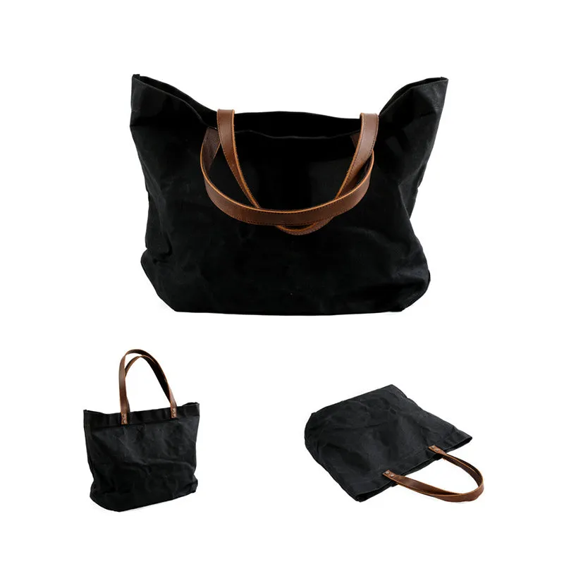 Waterproof Waxed Canvas Handbag Full Grain Leather With Canvas Tote Bag Vintage Style Big Shoulder Bag