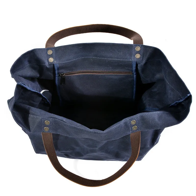 Waterproof Waxed Canvas Handbag Full Grain Leather With Canvas Tote Bag Vintage Style Big Shoulder Bag