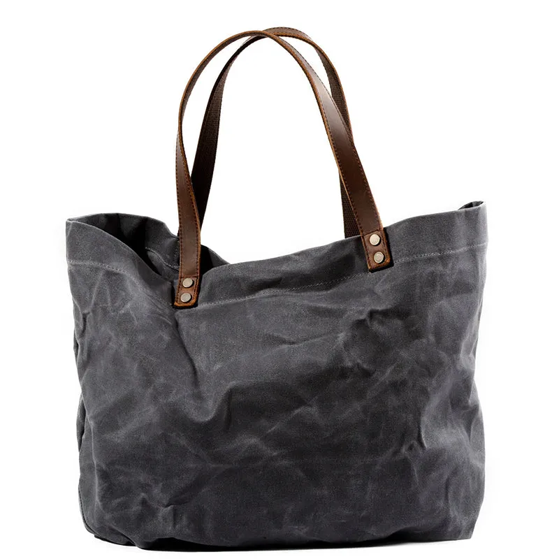 Waterproof Waxed Canvas Handbag Full Grain Leather With Canvas Tote Bag Vintage Style Big Shoulder Bag