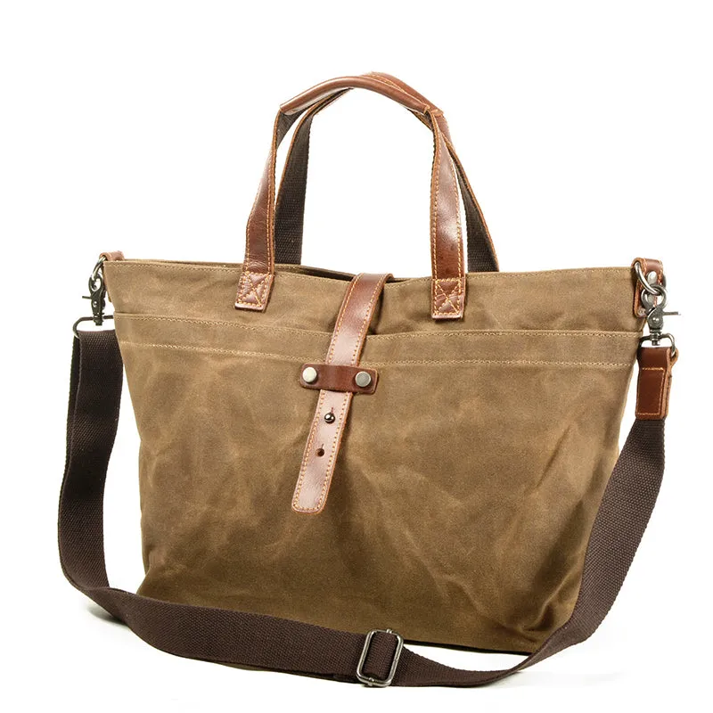 Waxed Canvas With Full Grain Leather Tote Waterproof Crossbody Bag Large Capacity Shopper Bag