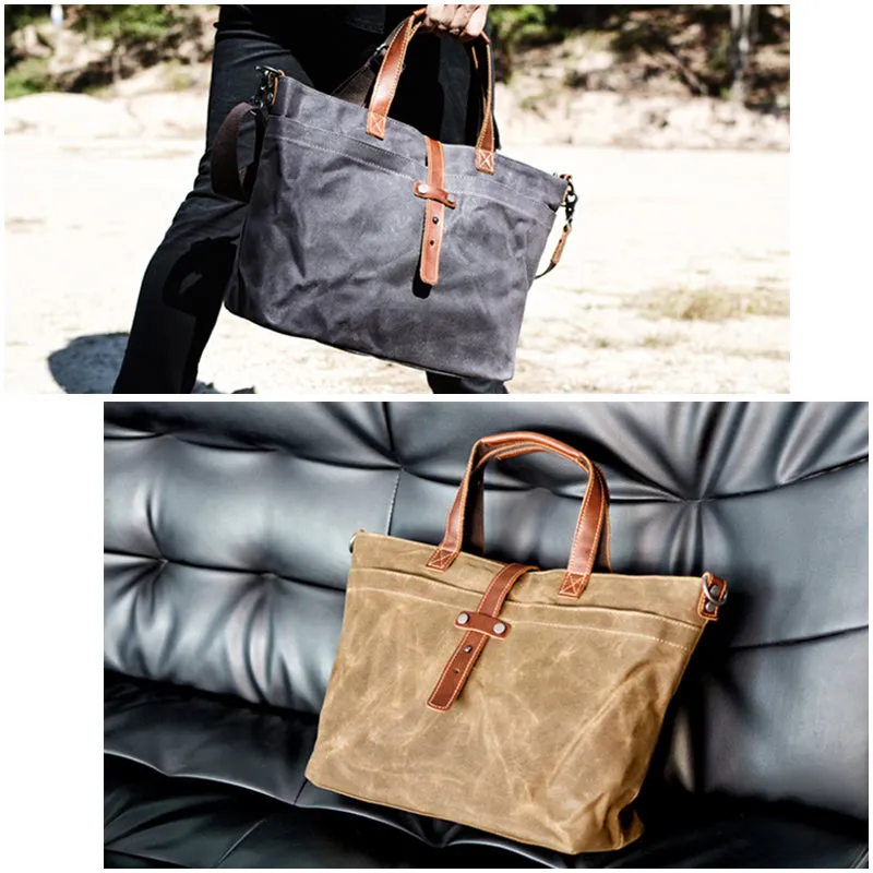 Waxed Canvas With Full Grain Leather Tote Waterproof Crossbody Bag Large Capacity Shopper Bag